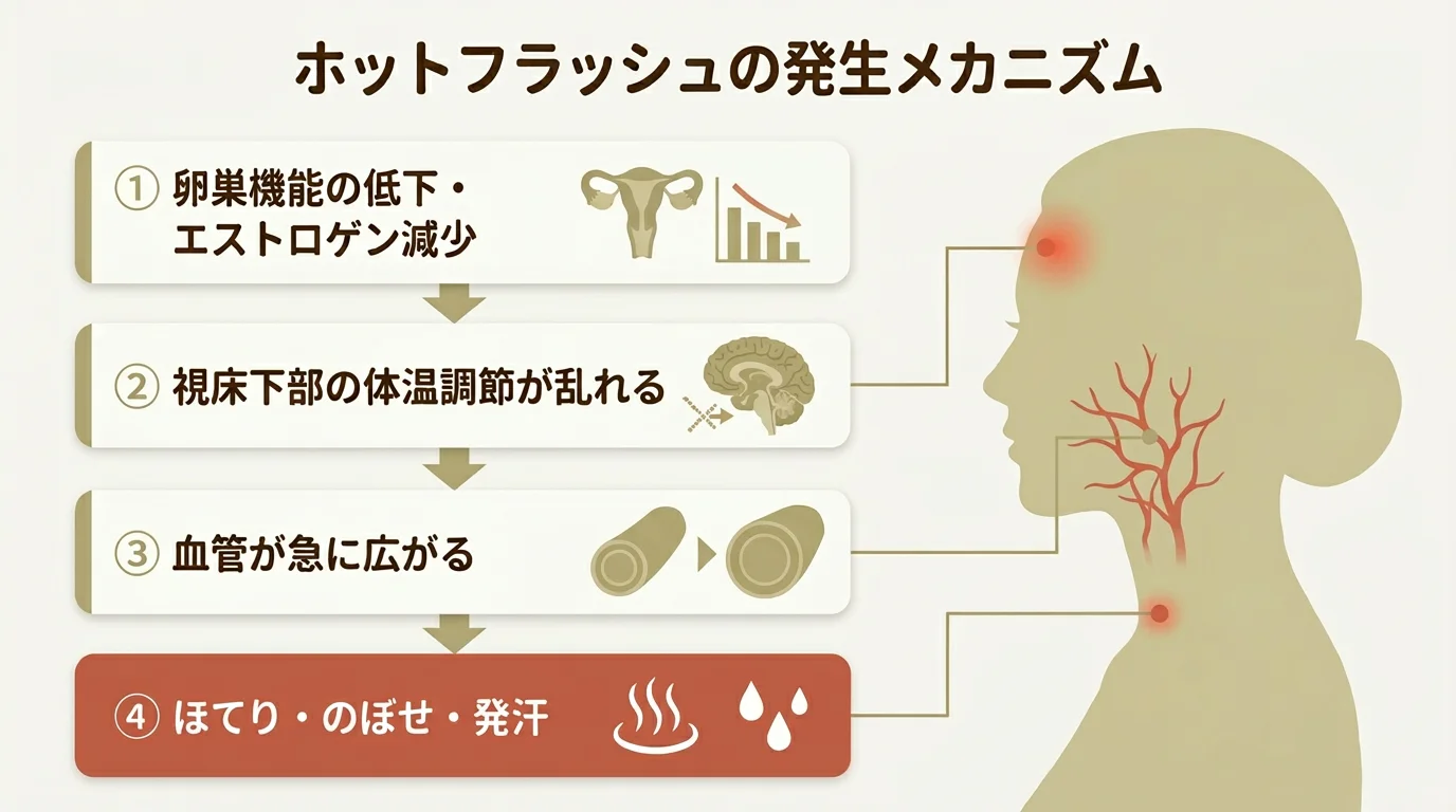 ホットフラッシュの発生メカニズム：卵巣機能の低下からほてり・発汗に至る4ステップの図解